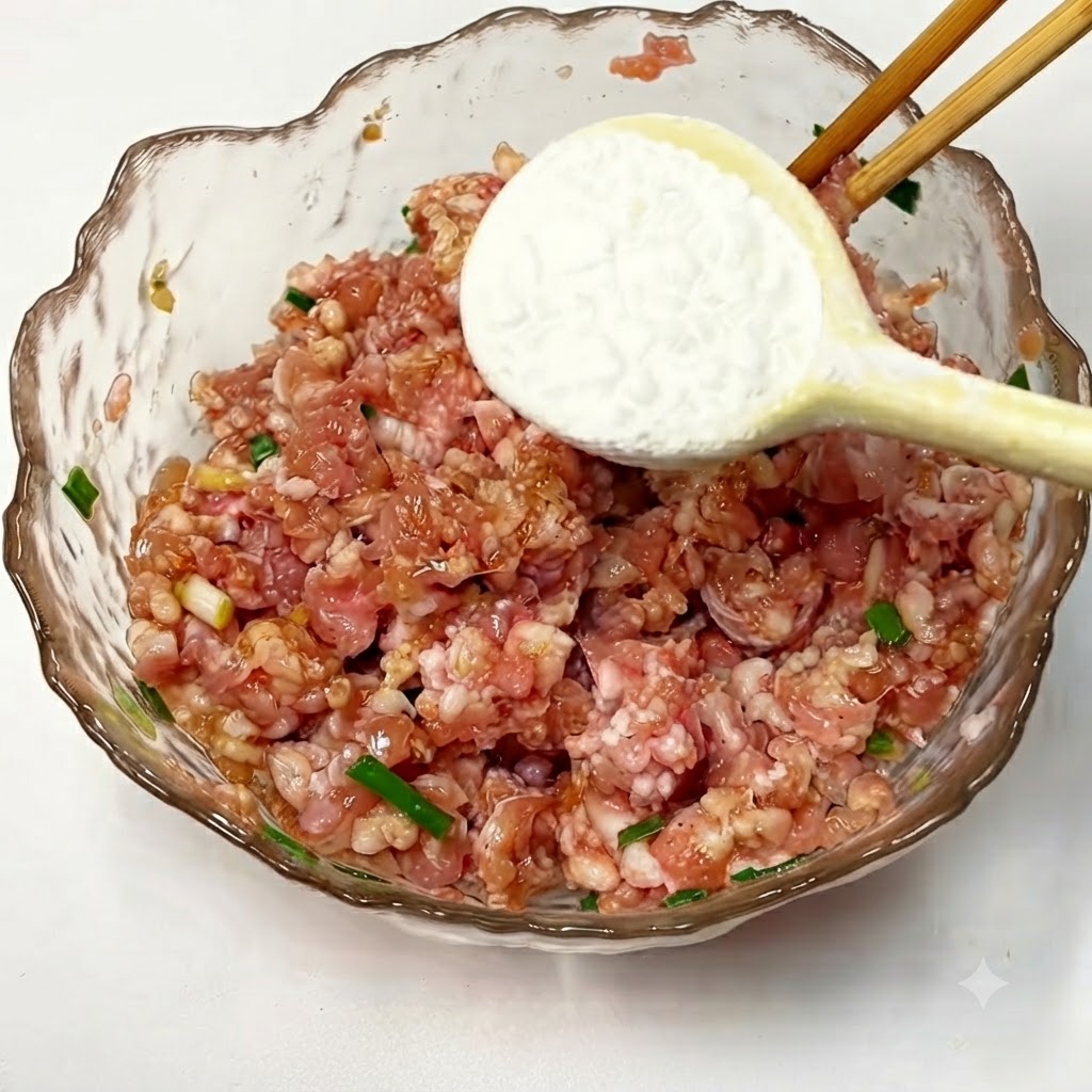 味付けしたひき肉に片栗粉を加え、箸で混ぜ合わせている様子。