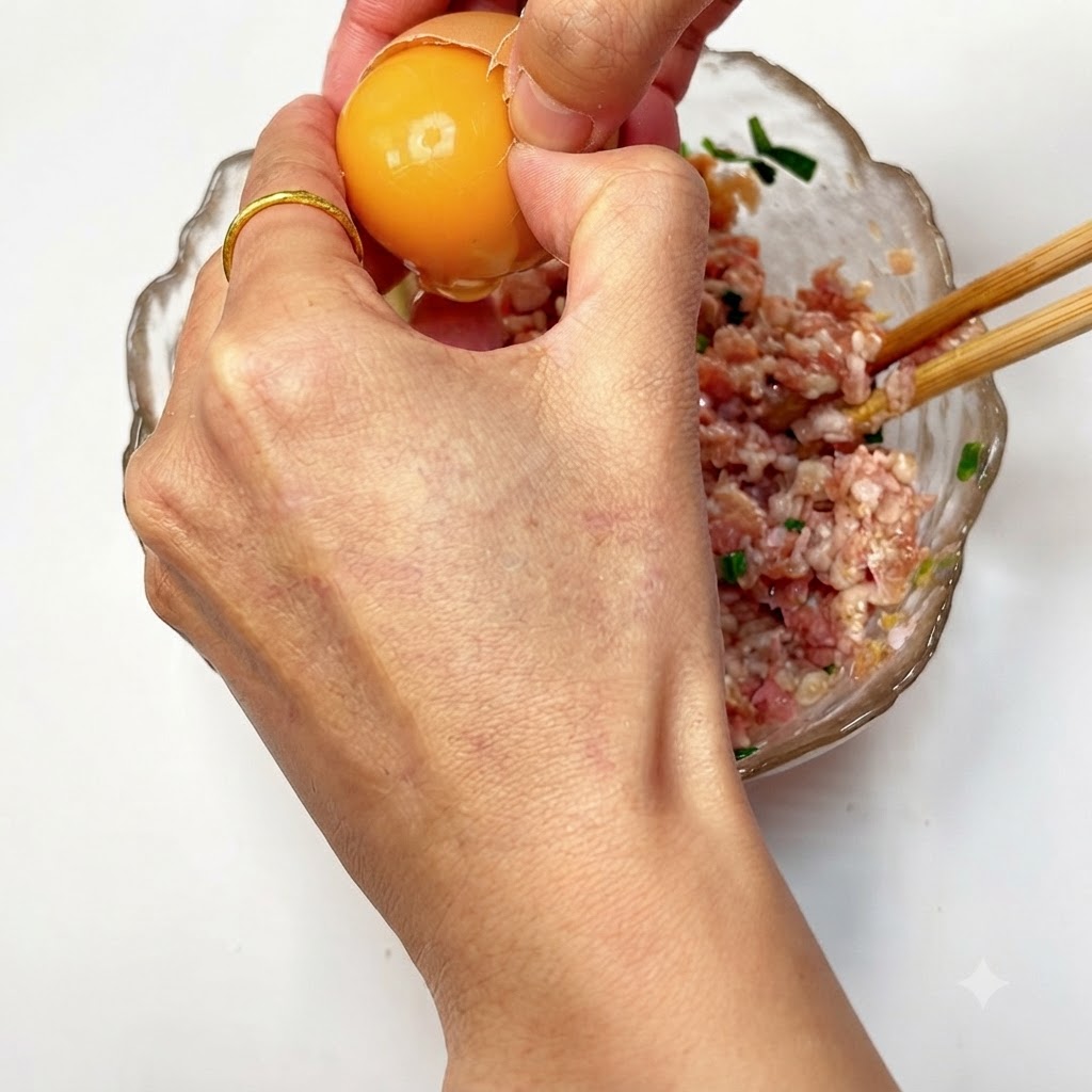 ひき肉のボウルに卵を割入れている様子。