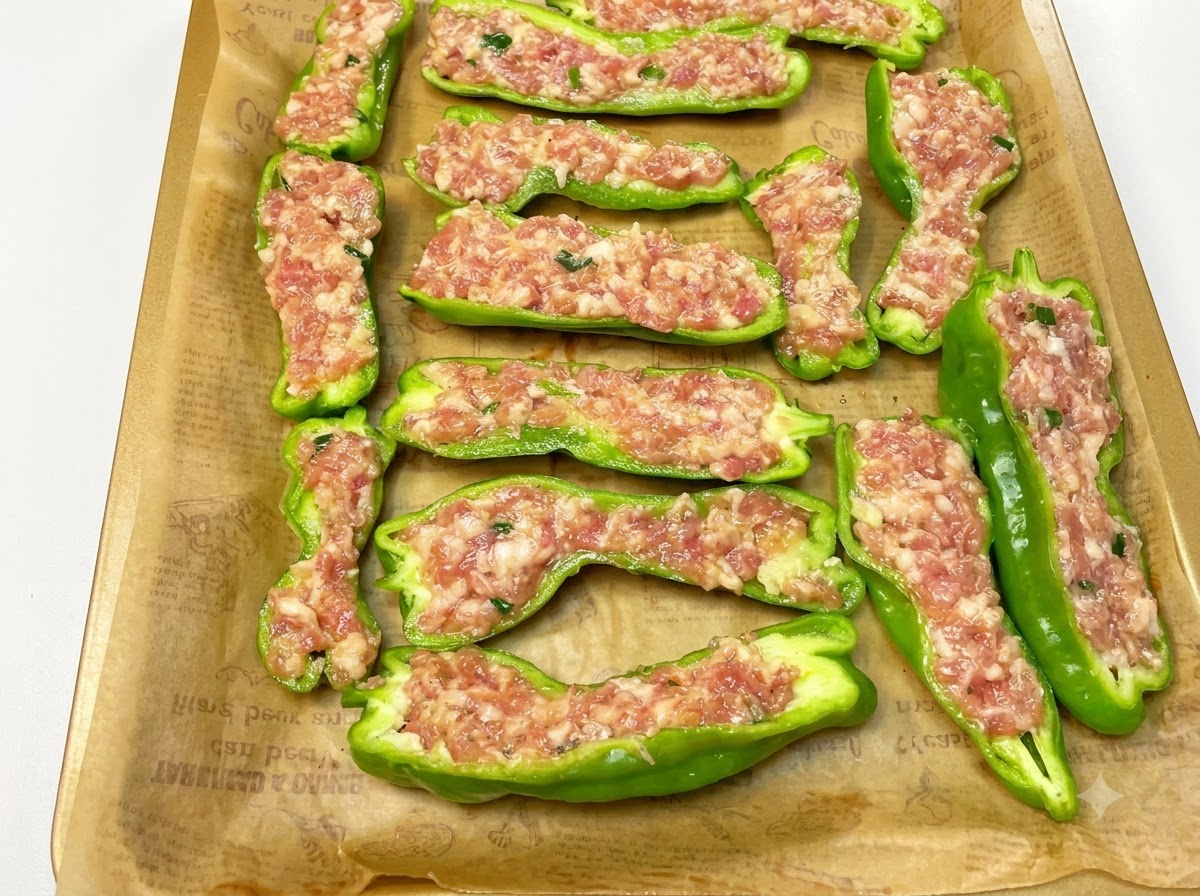 クッキングシートを敷いた天板に肉詰めピーマンを並べている様子。