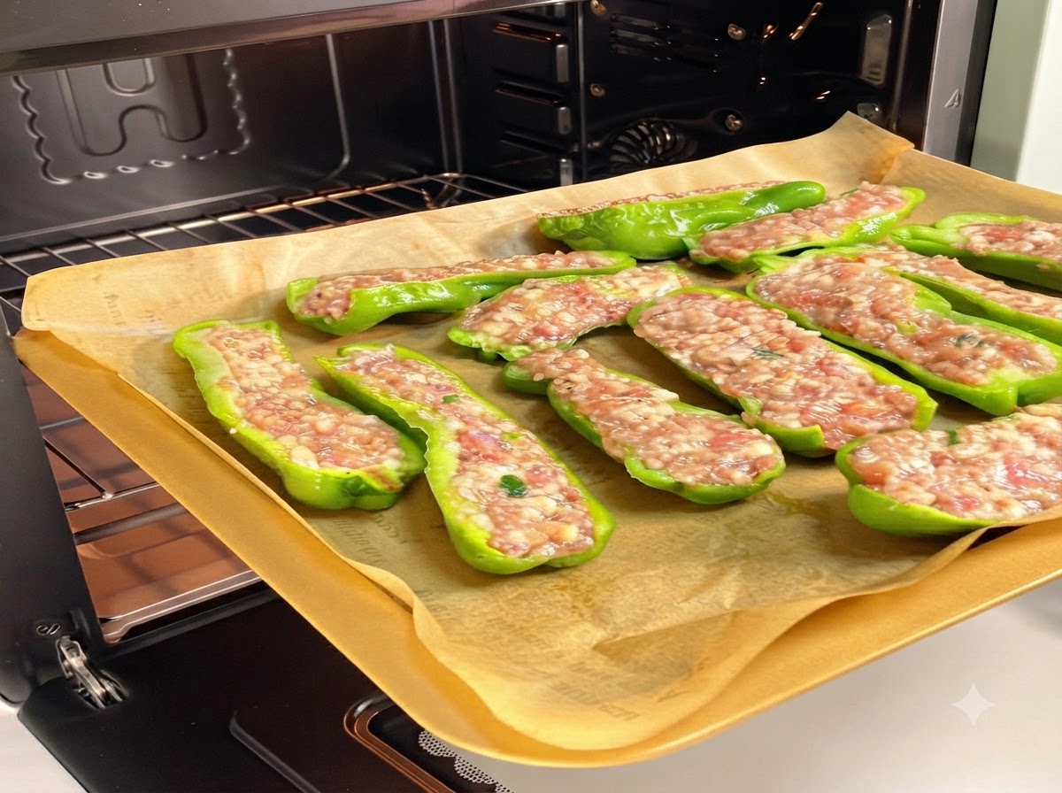 肉詰めピーマンを並べた天板をオーブンの庫内ラックに滑り込ませている様子。