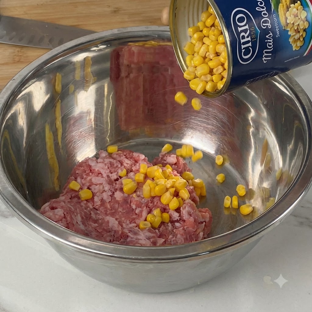 生の豚ひき肉が入ったステンレス製のボウルに、缶から注がれるスイートコーンの粒。