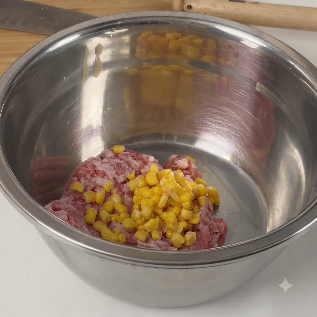 生の豚ひき肉とスイートコーンの粒が入ったステンレス製の混ぜ合わせ用ボウル。