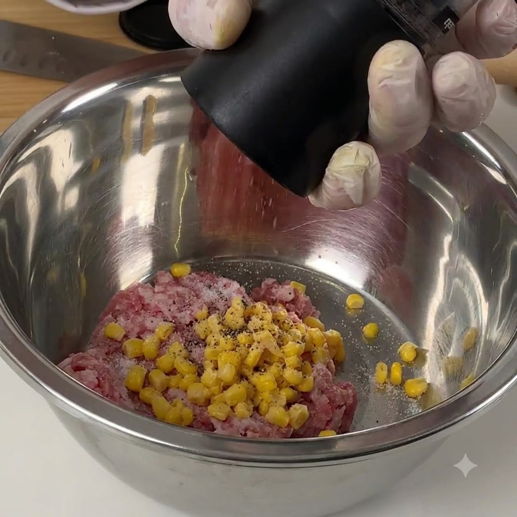 金属製のボウルに入ったひき肉とコーンの上に、黒こしょうを挽き器で振りかけている様子。
