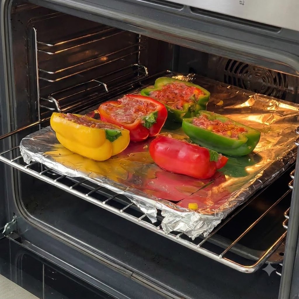 ピーマンの肉詰めを載せた天板が、オーボンのラックに入れられる様子。