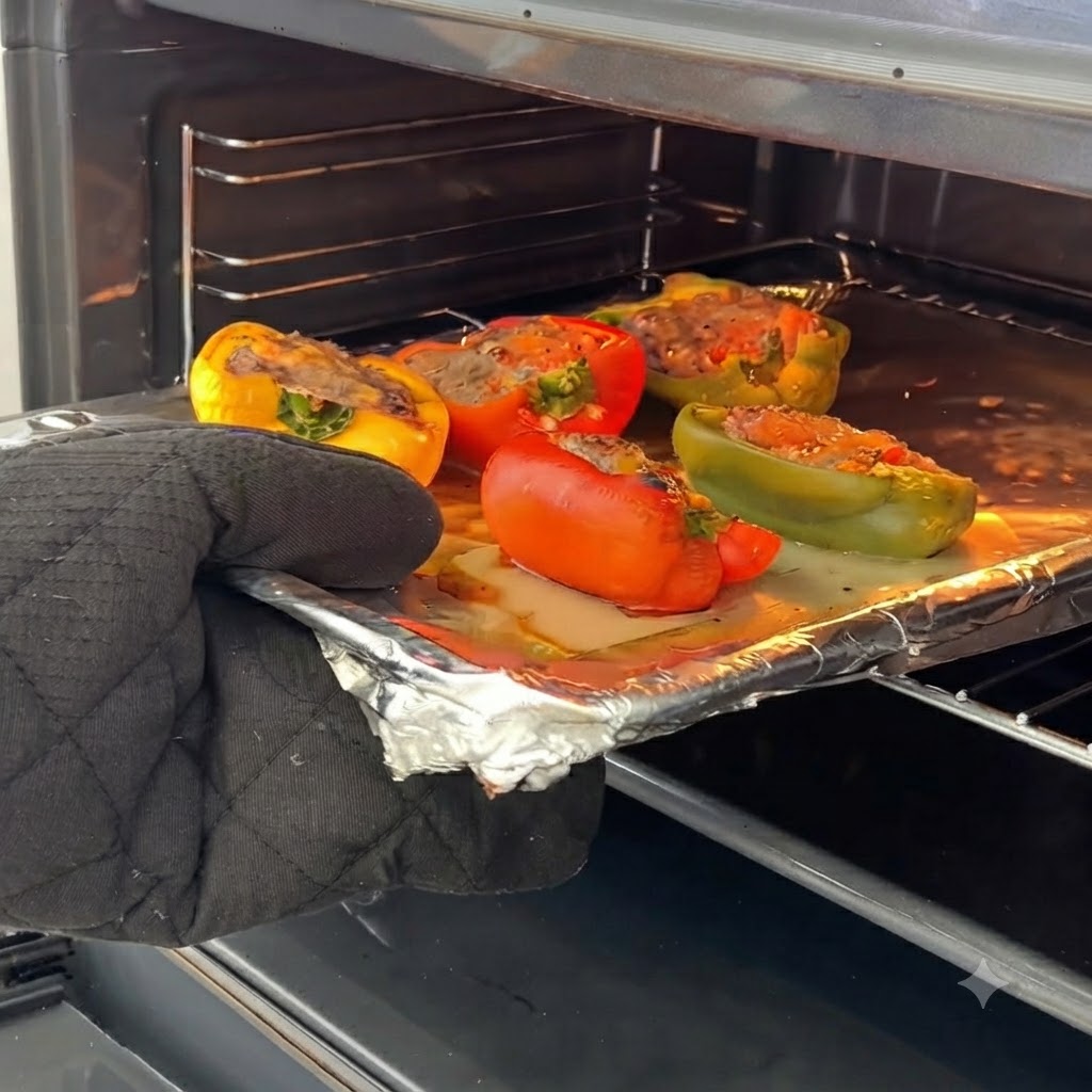 オーブンミトンをつけた手が、オーブンから焼き加減途中のピーマン肉詰めの天板を引き出している様子。