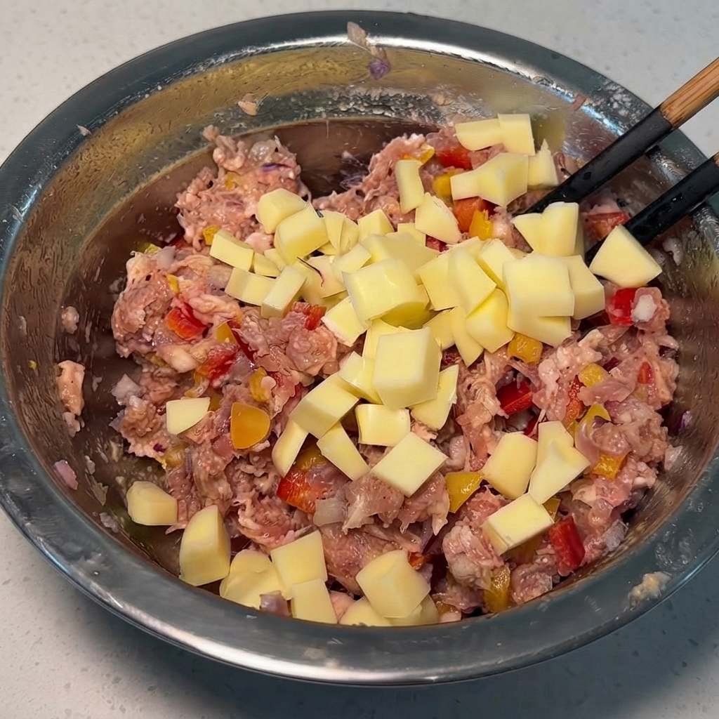 混ぜ合わせた肉ダネの中にチーズキューブが加えられ、これから混ぜ合わされようとしている様子。
