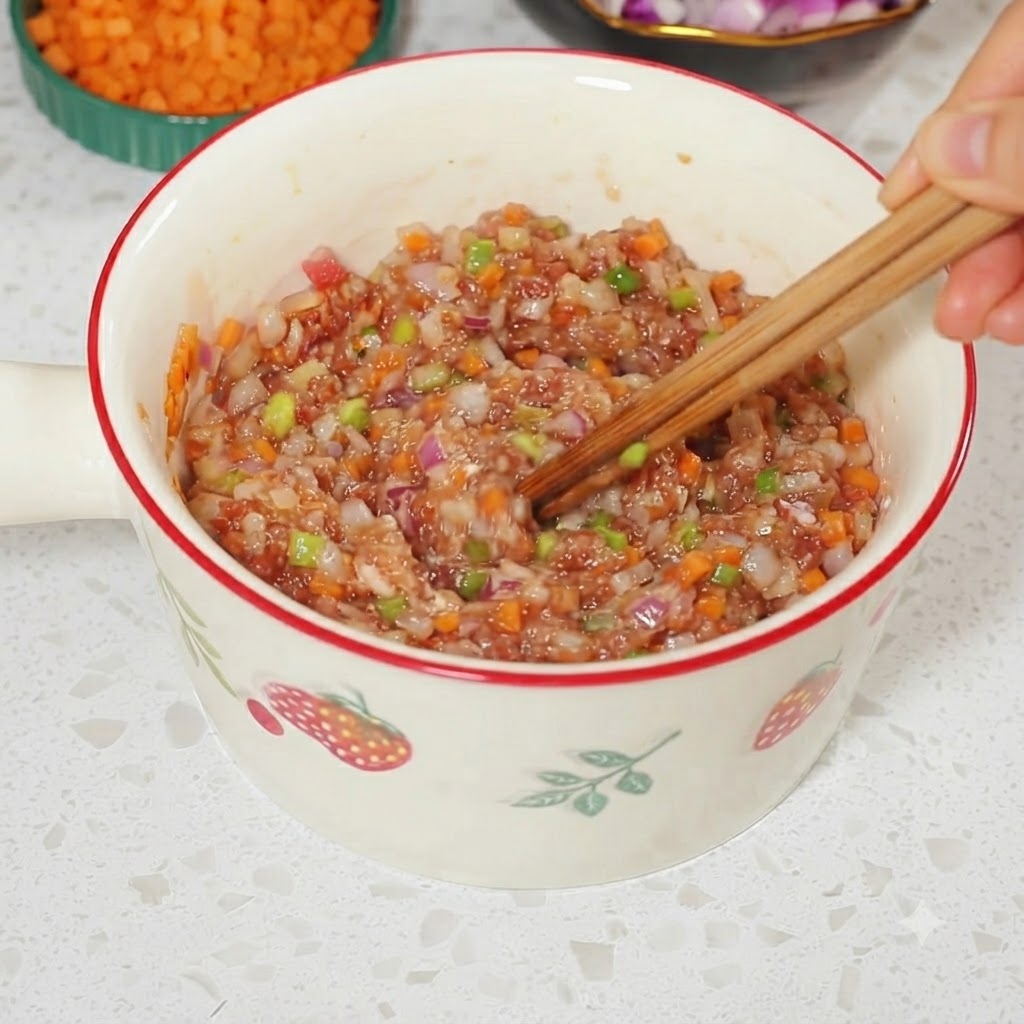 ボウルの中で、箸を使ってひき肉、野菜、調味料をしっかりと混ぜ合わせている様子。