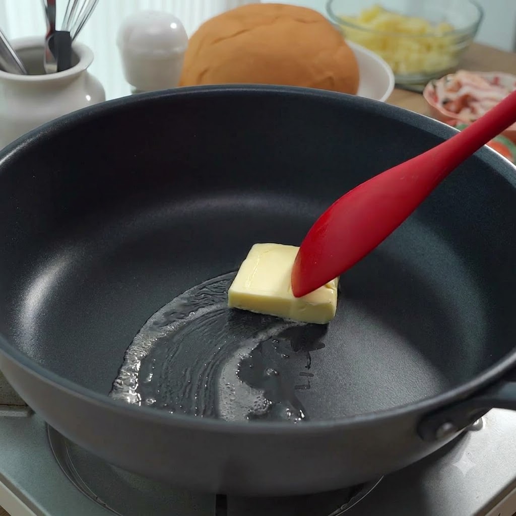 フライパンでバターを溶かし、赤いヘラを使って小麦粉を混ぜ合わせている様子。