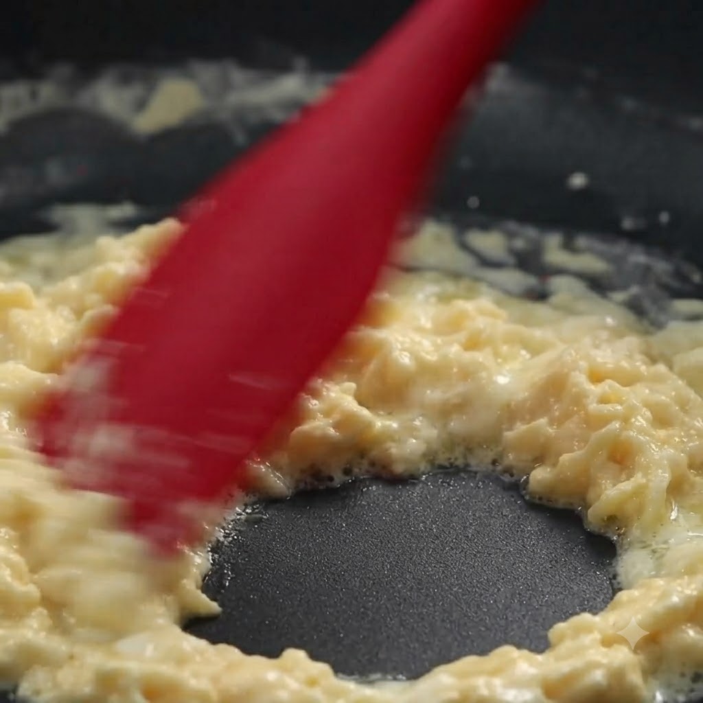 フライパンの中で、ヘラを使って牛乳と生クリームをとろみのあるルーに混ぜ込んでいる様子。