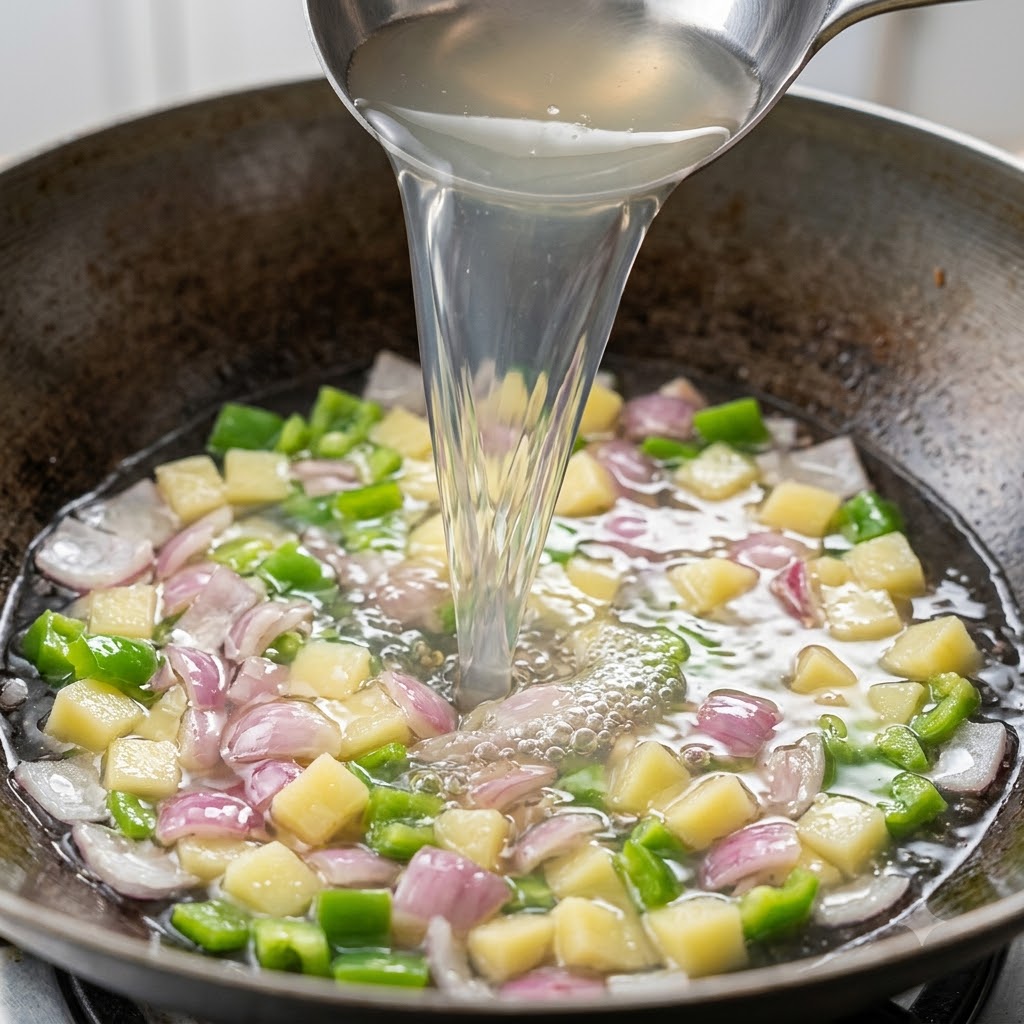 ダイス状の野菜とベーコンが入ったフライパンに、お玉でアサリのだし汁を注ぎ入れている様子。
