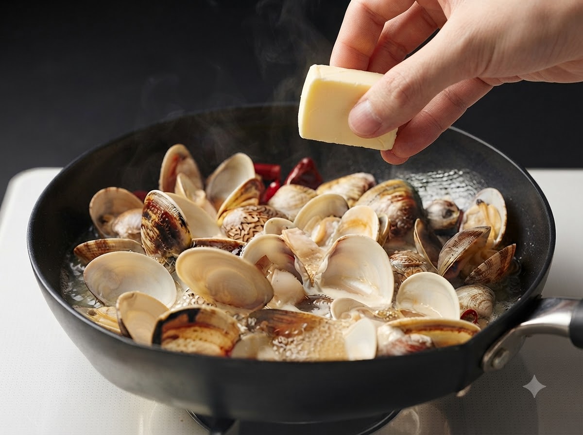 煮込んでいるあさりとうま味スープのフライパンに小さなバターの塊を落とし込んでいる様子。