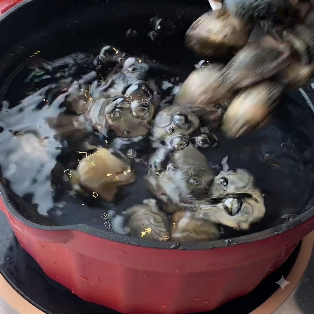 赤い鍋に入った沸騰したお湯にアサリを入れている様子