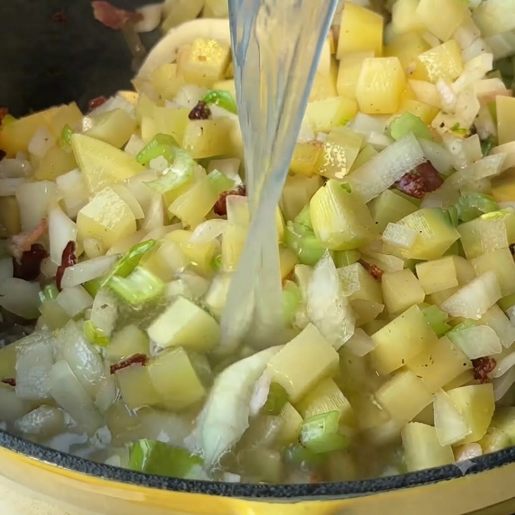 容器からクラムだしを、角切りの野菜とベーコンが入ったフライパンに注いでいる様子
