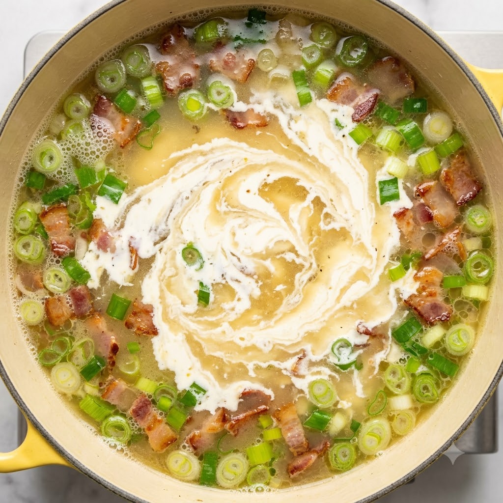 煮込んでいる野菜スープのベースに生クリームを回し入れている様子