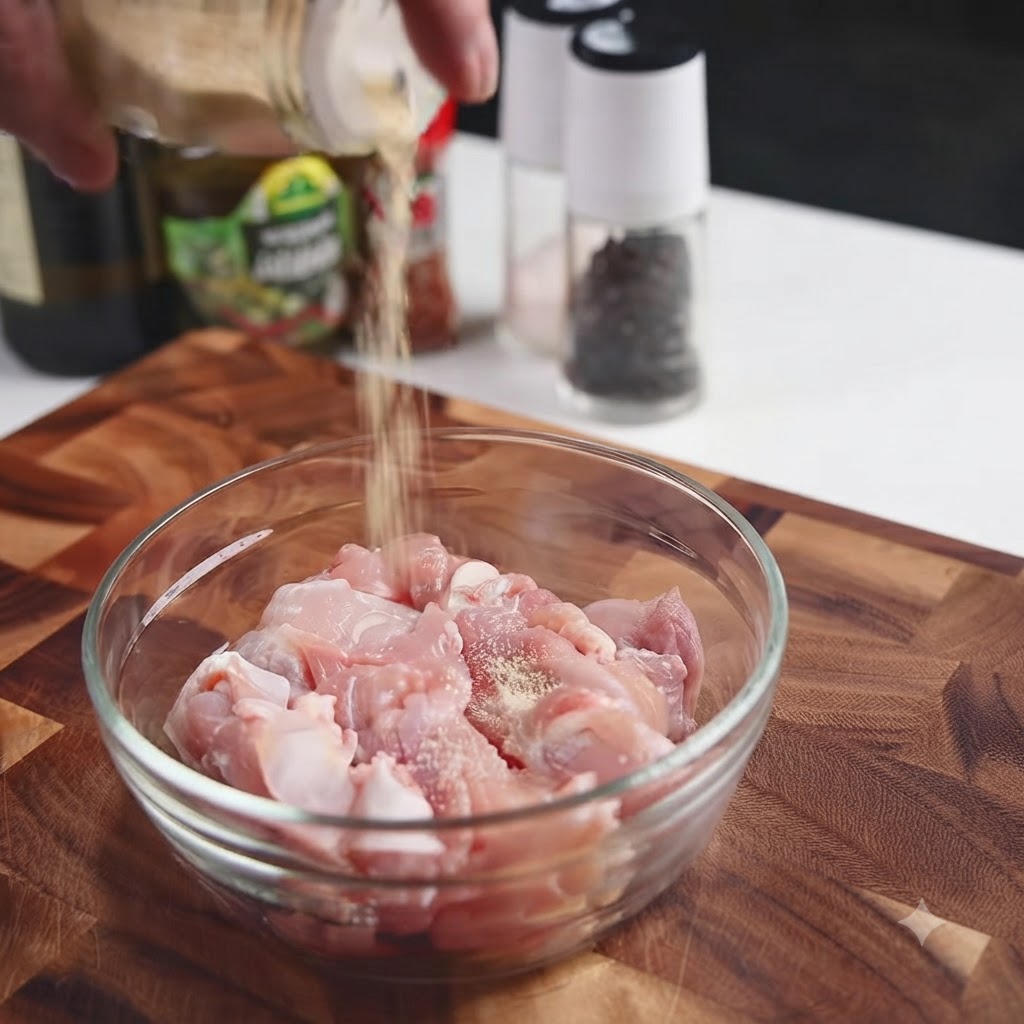 透明なガラスボウルに入った一口大の生肉にスパイスが振りかけられているところ。