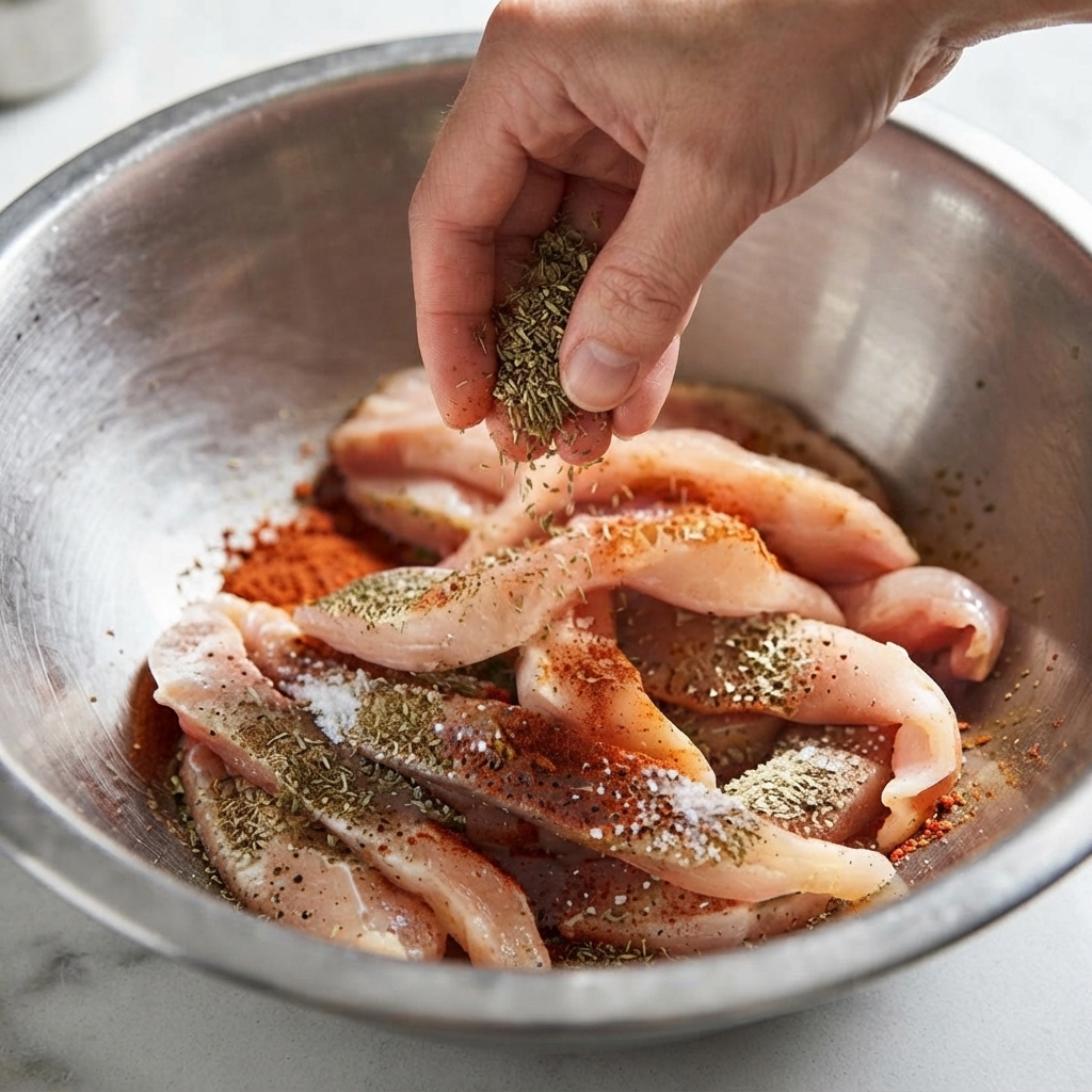 ステンレスのボウルの中で、手でスパイスと味付けした鶏むね肉のスライスを混ぜ合わせている様子。