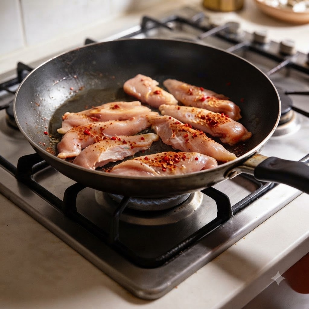 コンロの上の熱した黒いフライパンで、味付けしたチキンの細切りを炒めている様子。