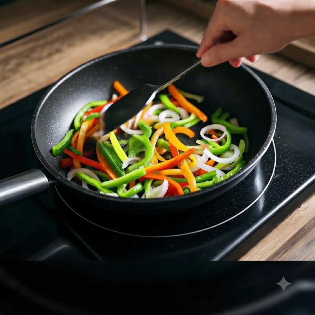 フライパンの中で、スパチュラを使ってピーマンのスライスと玉ねぎを炒めている様子。