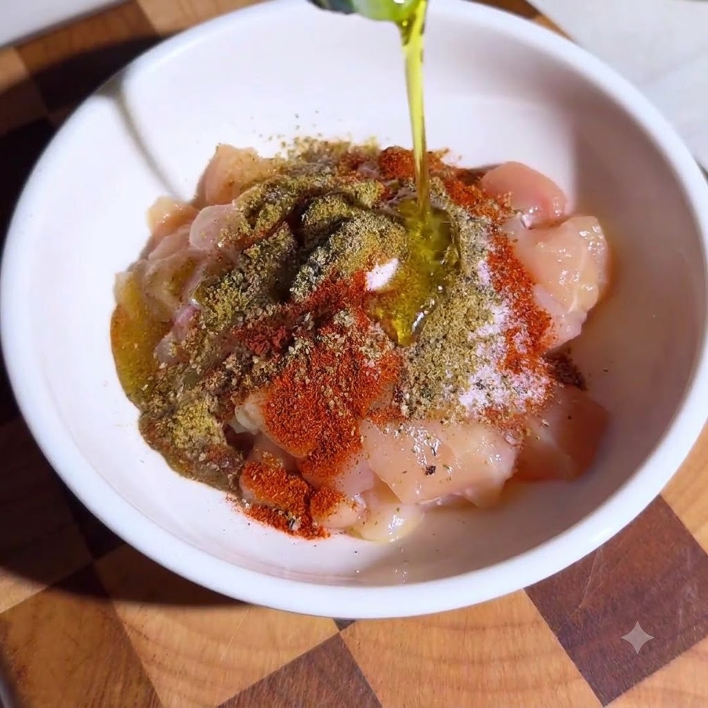 一口大に切った鶏肉に、ミックススパイスとオリーブオイルがたっぷりとかかったボウル。