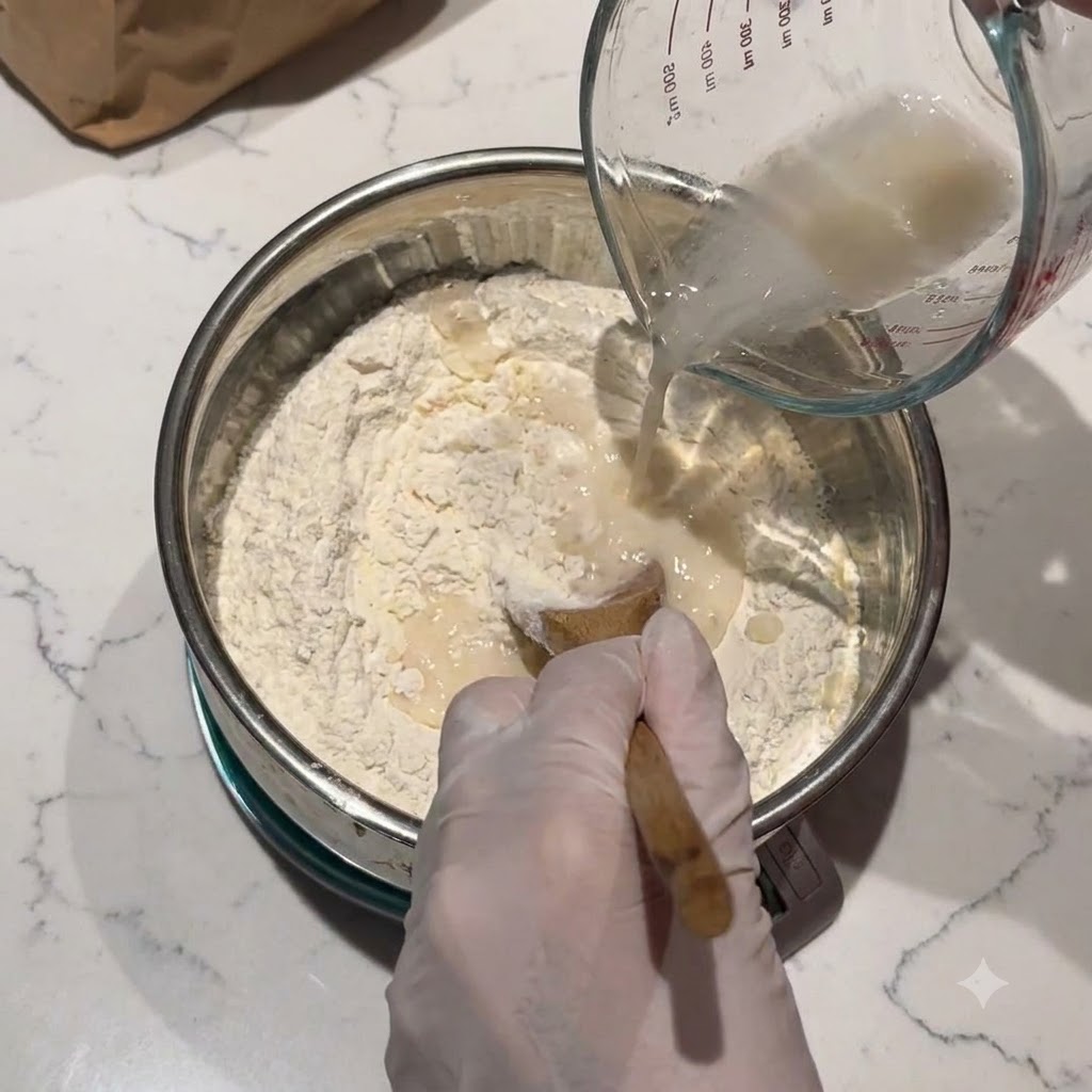 キッチンスケール上の金属製ボウルに入った小麦粉などの乾燥材料に、水と油が注がれている様子。