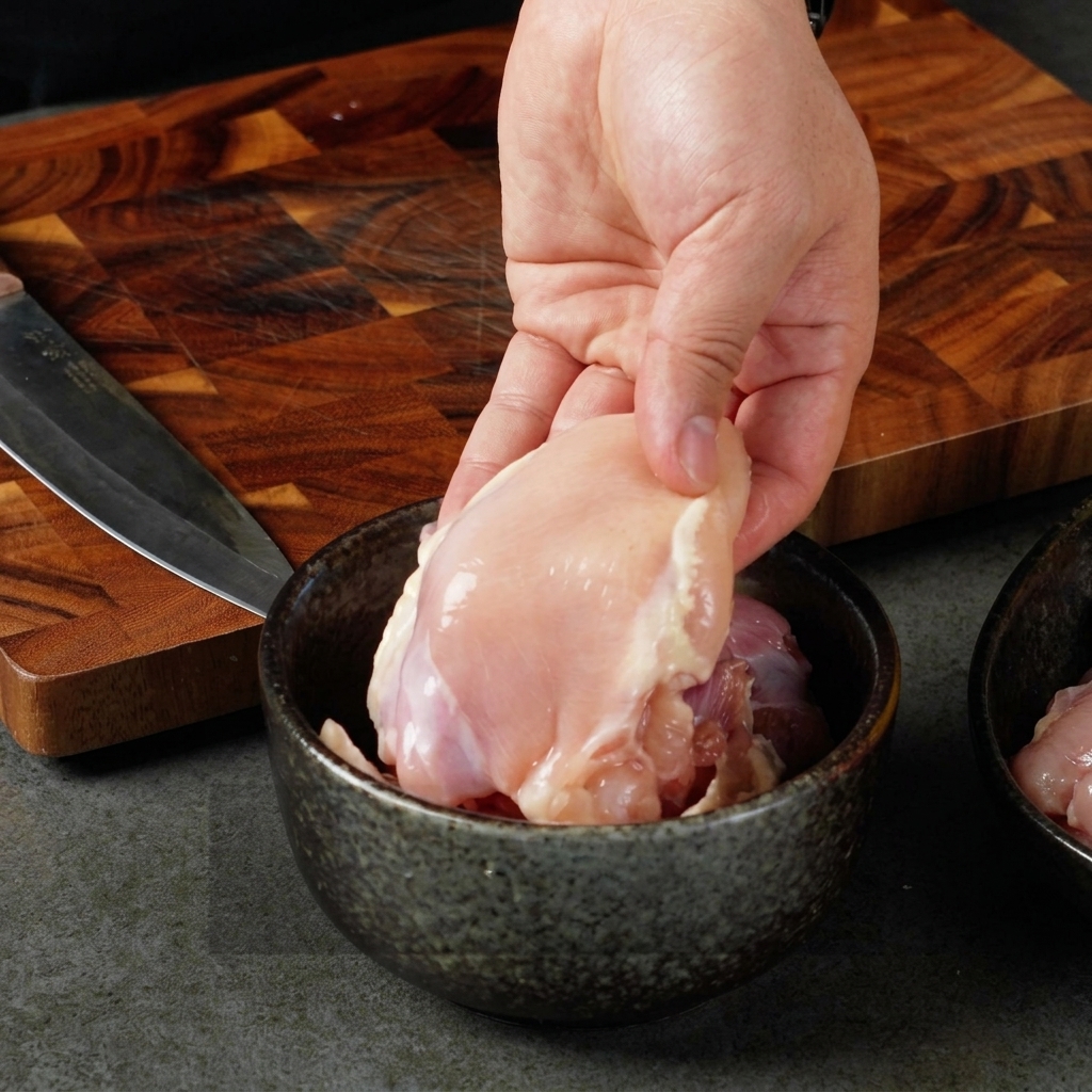 ボウルの上で皮なし鶏もも肉を持つ手のクローズアップ。背景にはまな板と包丁がある。