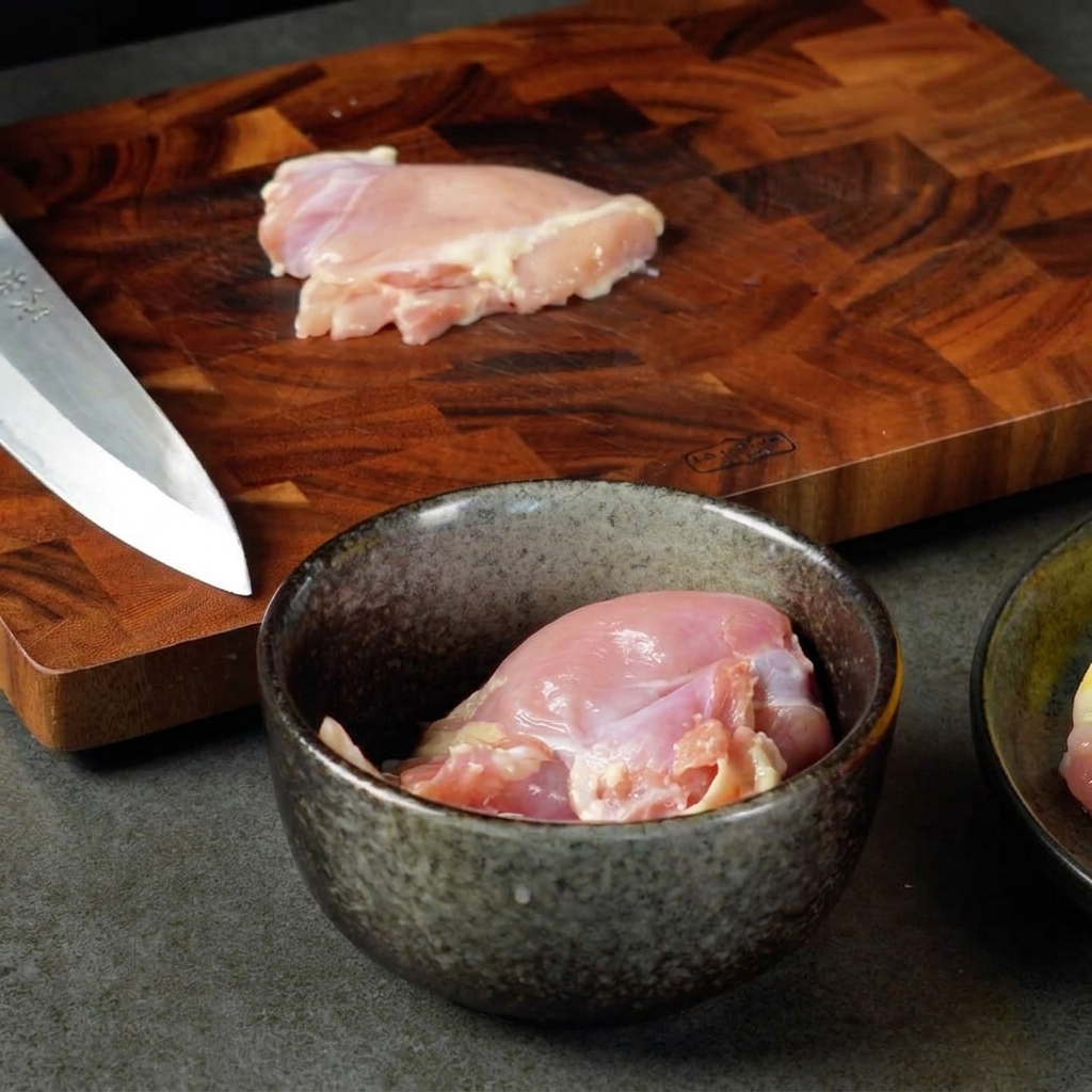 木のまな板の上で、鶏肉の入ったボウルの隣にある生チキンの塊を包丁でスライスしているところ。
