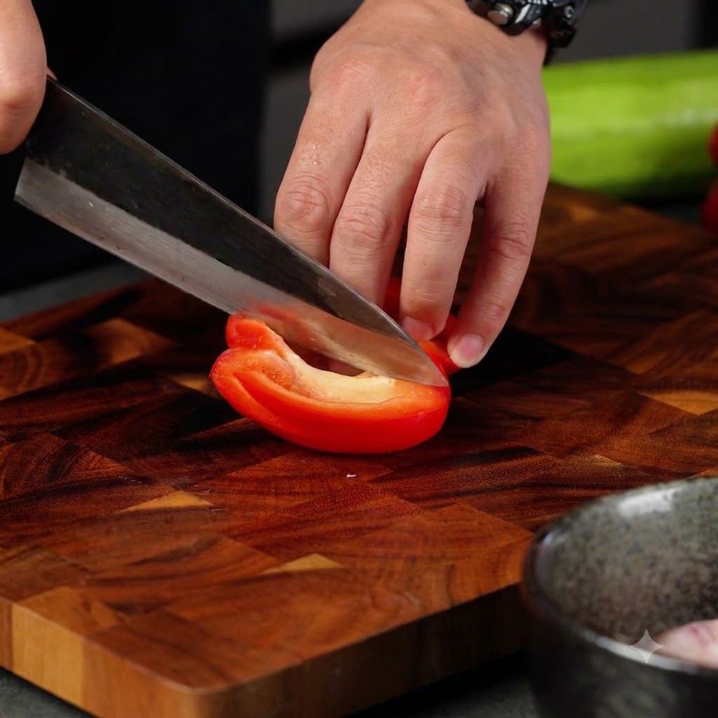 木のまな板の上で赤パプリカを包丁でスライスしているところ。