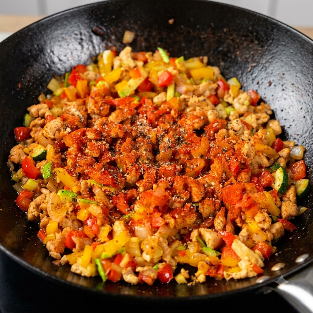 味付けされた鶏肉と野菜の炒め物に、海塩と黒こしょうを振りかけているところ。