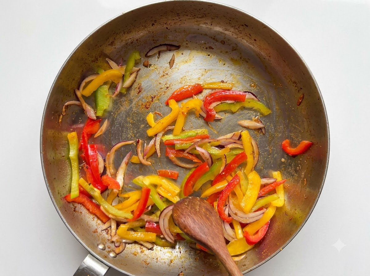 炒めた野菜や旨味を含んだ油が残るスキレットの中で、バターのかたまりが溶けていく様子。