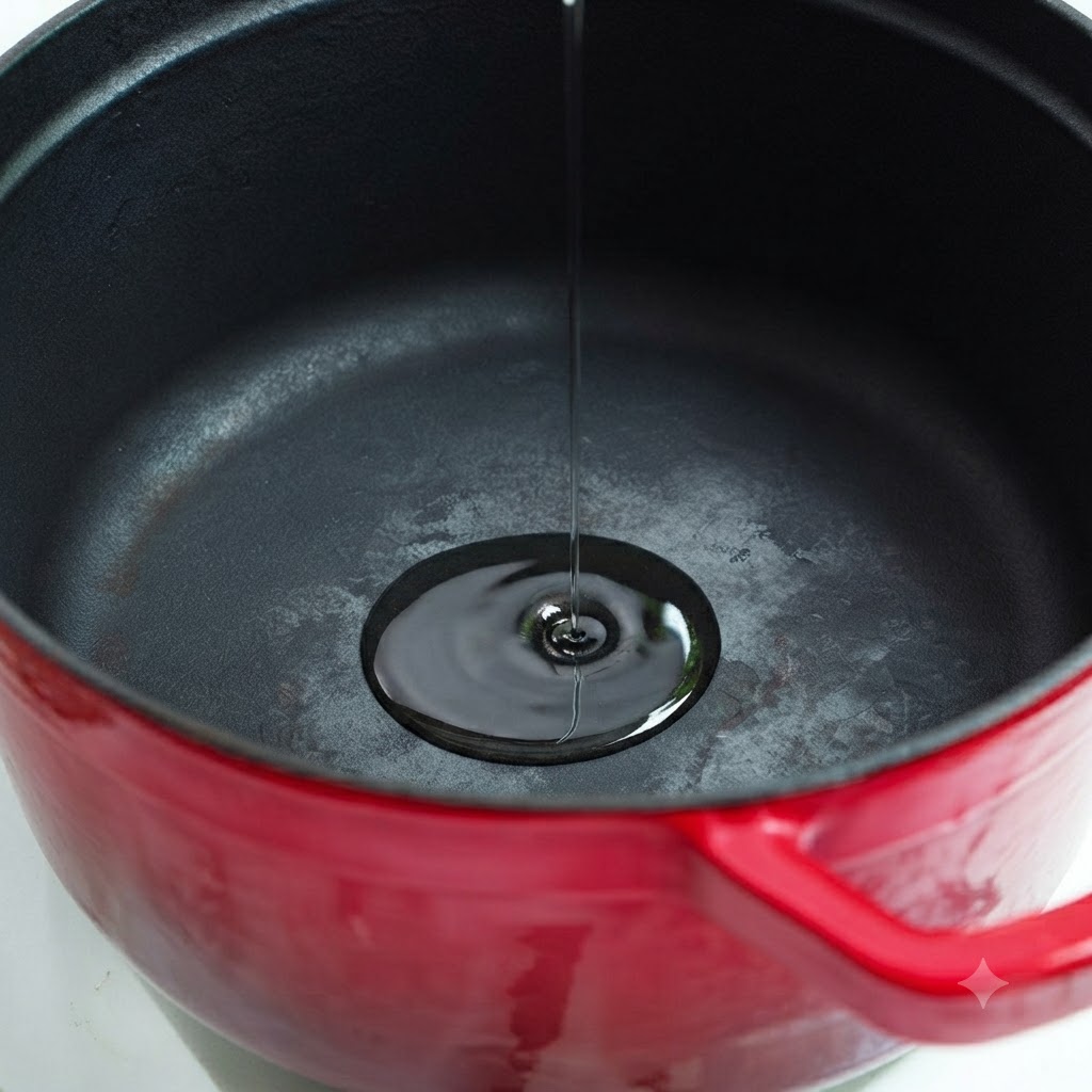 コンロの上の赤い鍋に、油と黄ズッキーニのピースが加えられている様子。