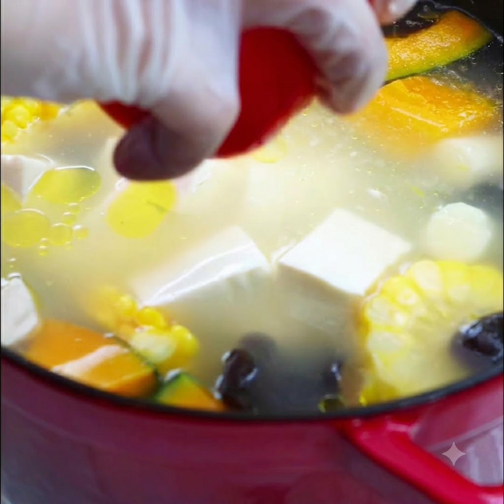沸騰している野菜スープの鍋の中央に、丸ごとの赤いトマトが入れられている様子。