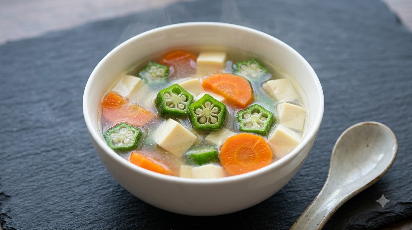 オクラとニンジンと豆腐の白玉スープ