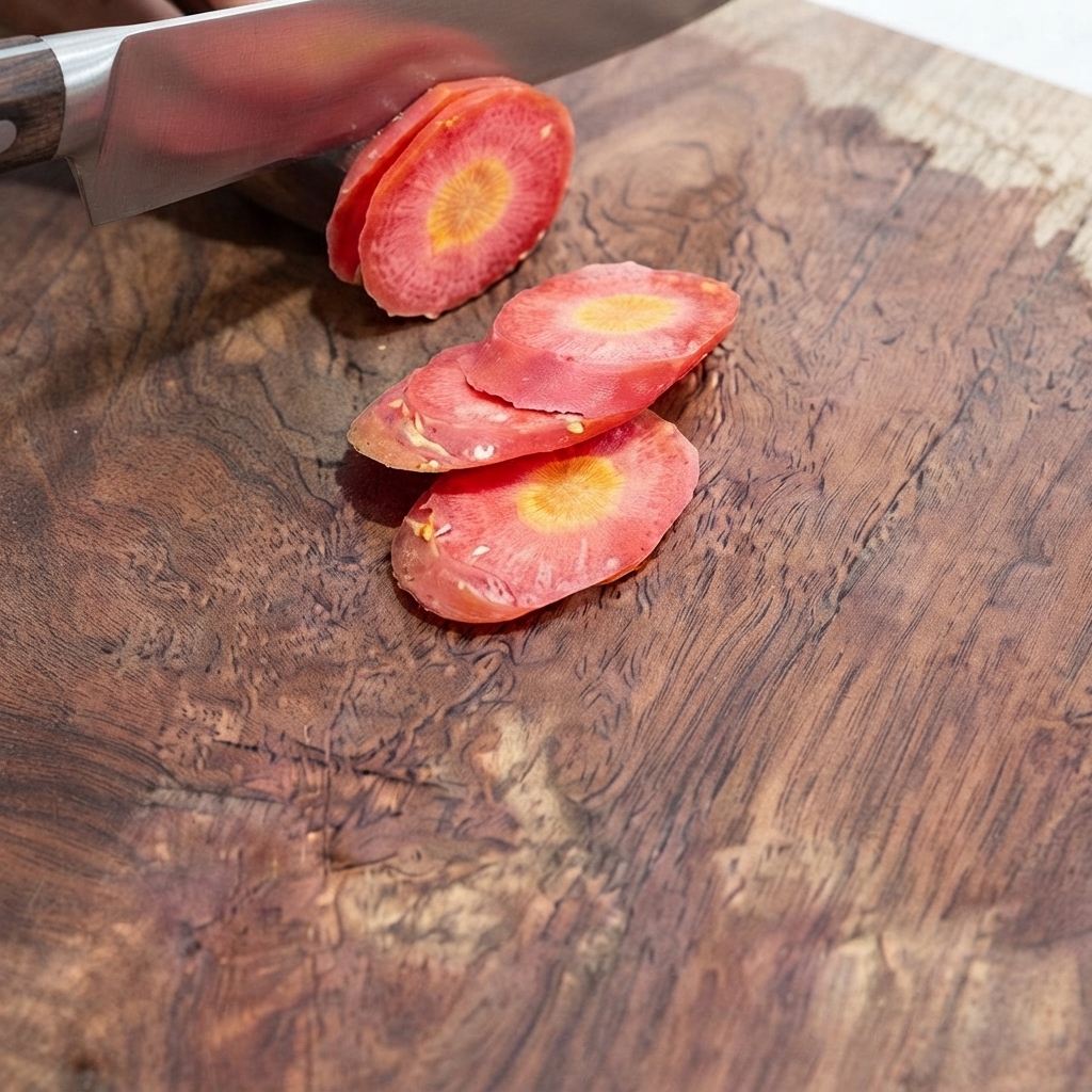 木製のまな板の上で、包丁を使ってニンジンの輪切りを作っているところ。
