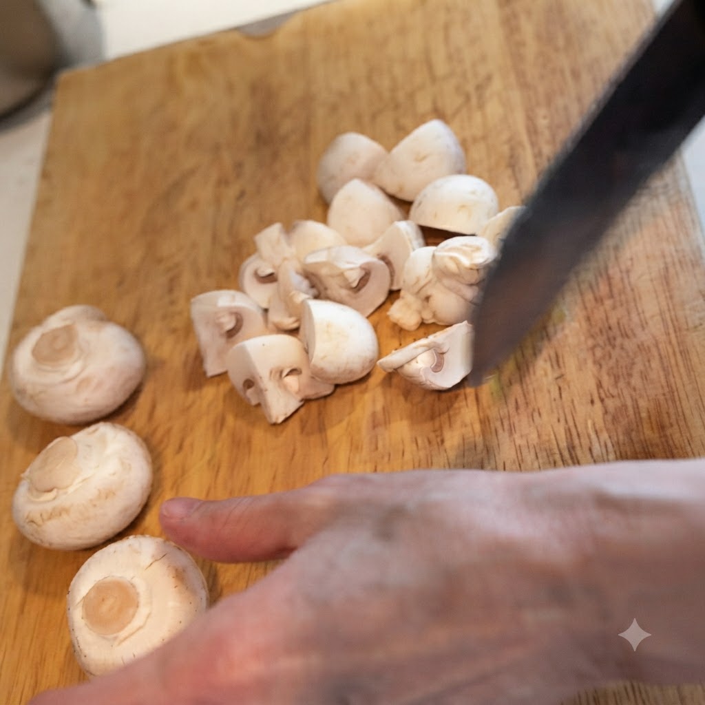 木のまな板の上で、鋭い包丁を使いベーコンの薄切りを食べやすい大きさに切り分けている様子。