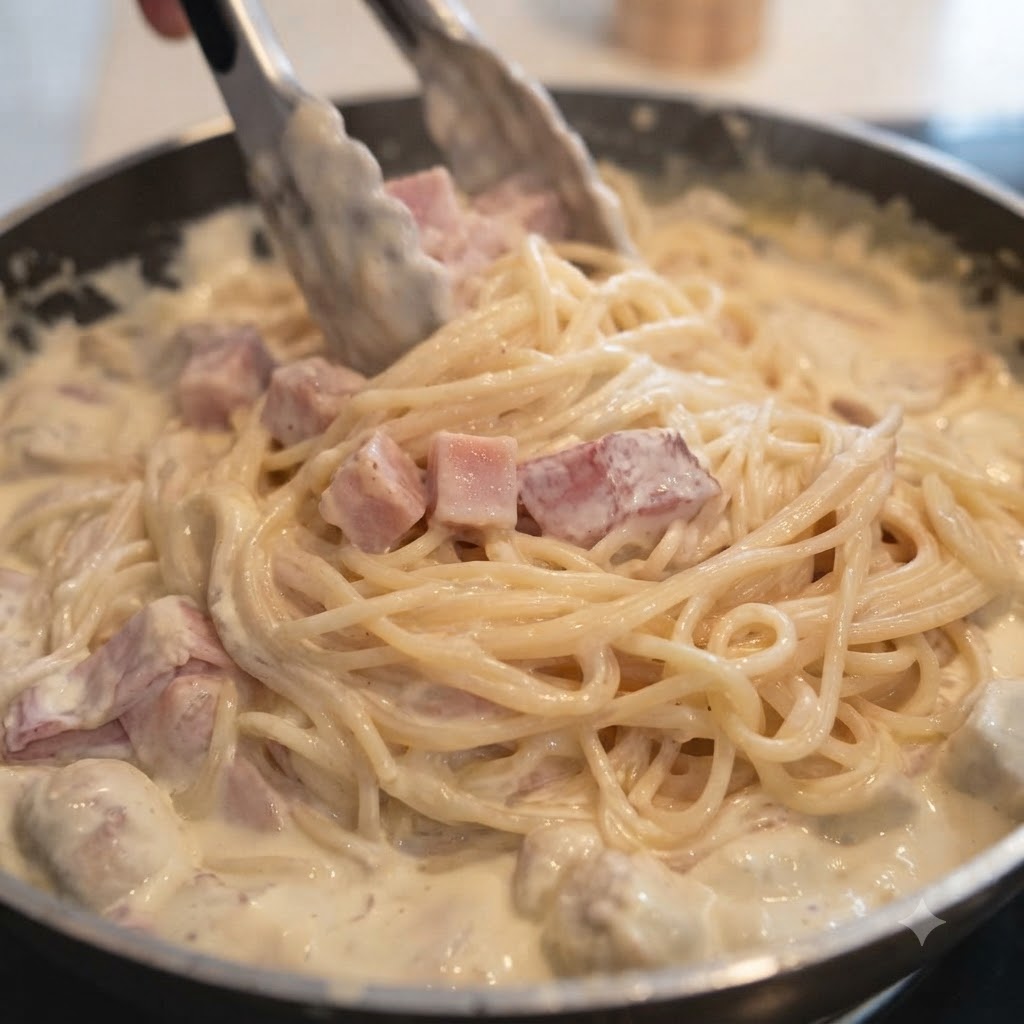 キッチントングを使い、フライパンの中でスパゲッティパスタとクリーミーなソースが均一に混ぜ合わされている様子。