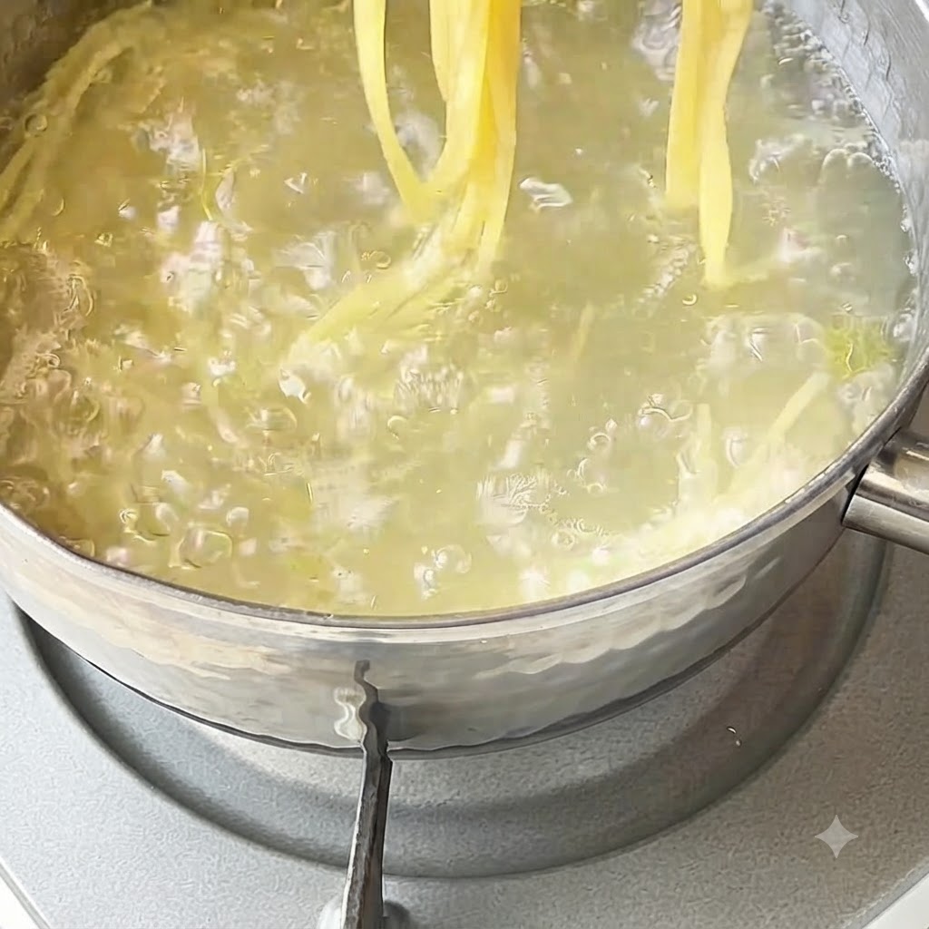 キッチン用トングを使い、茹で上がったスパゲッティを冷水で冷やしている様子。