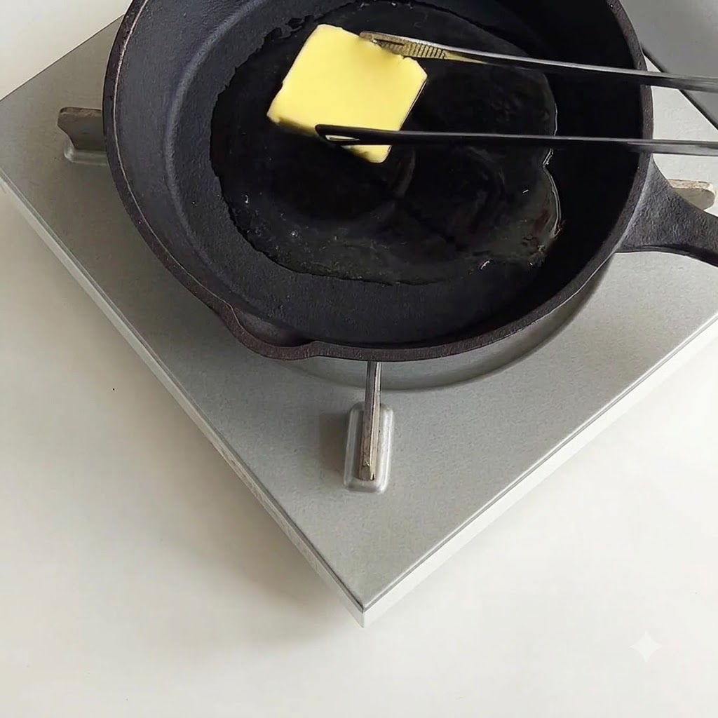 熱した鋳鉄製のフライパンの上でバターが溶けていく様子。