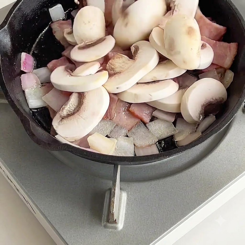ベーコンと玉ねぎが入ったスキレットの中にスライスした白いマッシュルームを入れている様子。