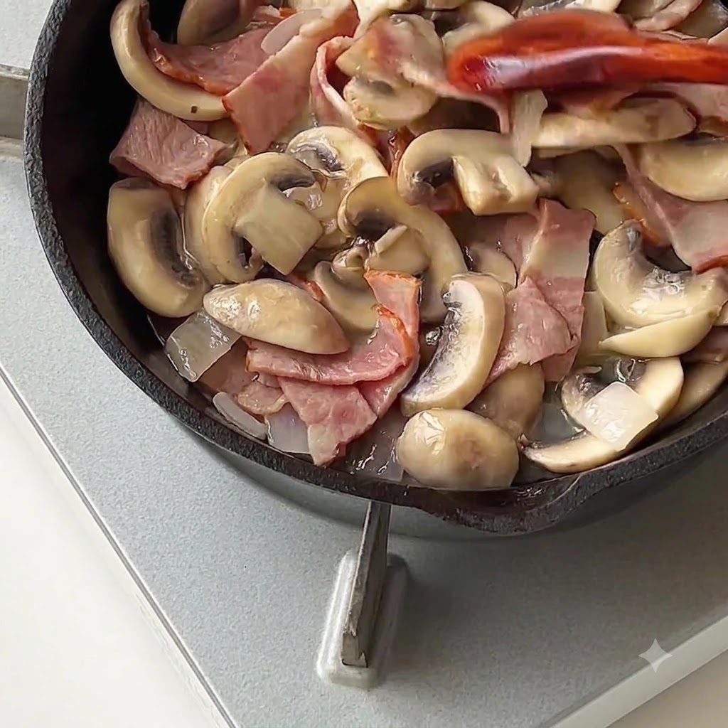スキレットの中で調理中の具材に海塩とブラックペッパーが振りかけられている様子。