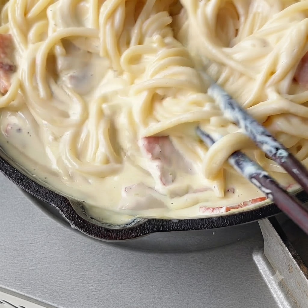 調理器具を使ってパスタをクリーミーなソースに絡めながら混ぜ合わせている様子。