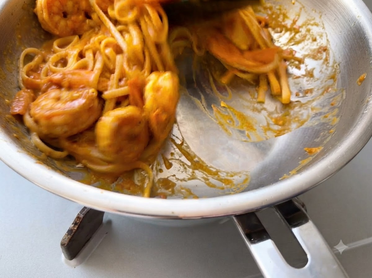 大きなフライパンの中で、茹で上がったパスタが濃厚なトマトソースとしっかりと絡めて混ぜ合わされている様子。