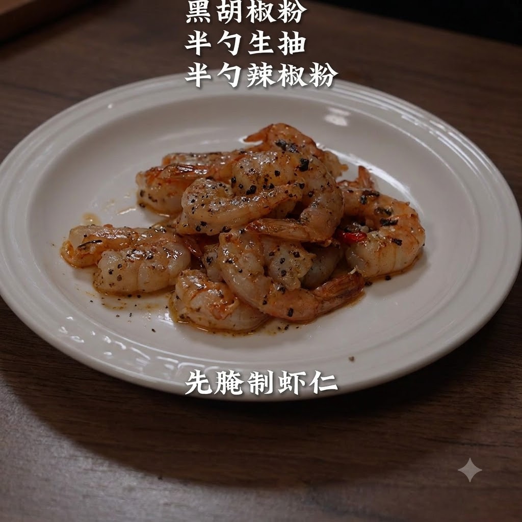 黒こしょうやスパイスが混ざり合い、白い皿の上に並べられた下味付きの海老のクローズアップ