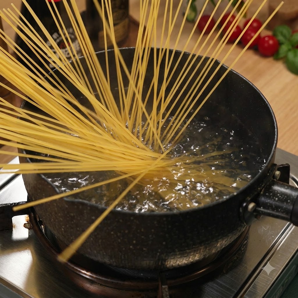 コンロの上の鍋で沸騰したお湯の中で、スパゲッティの麺が柔らかくなっている様子