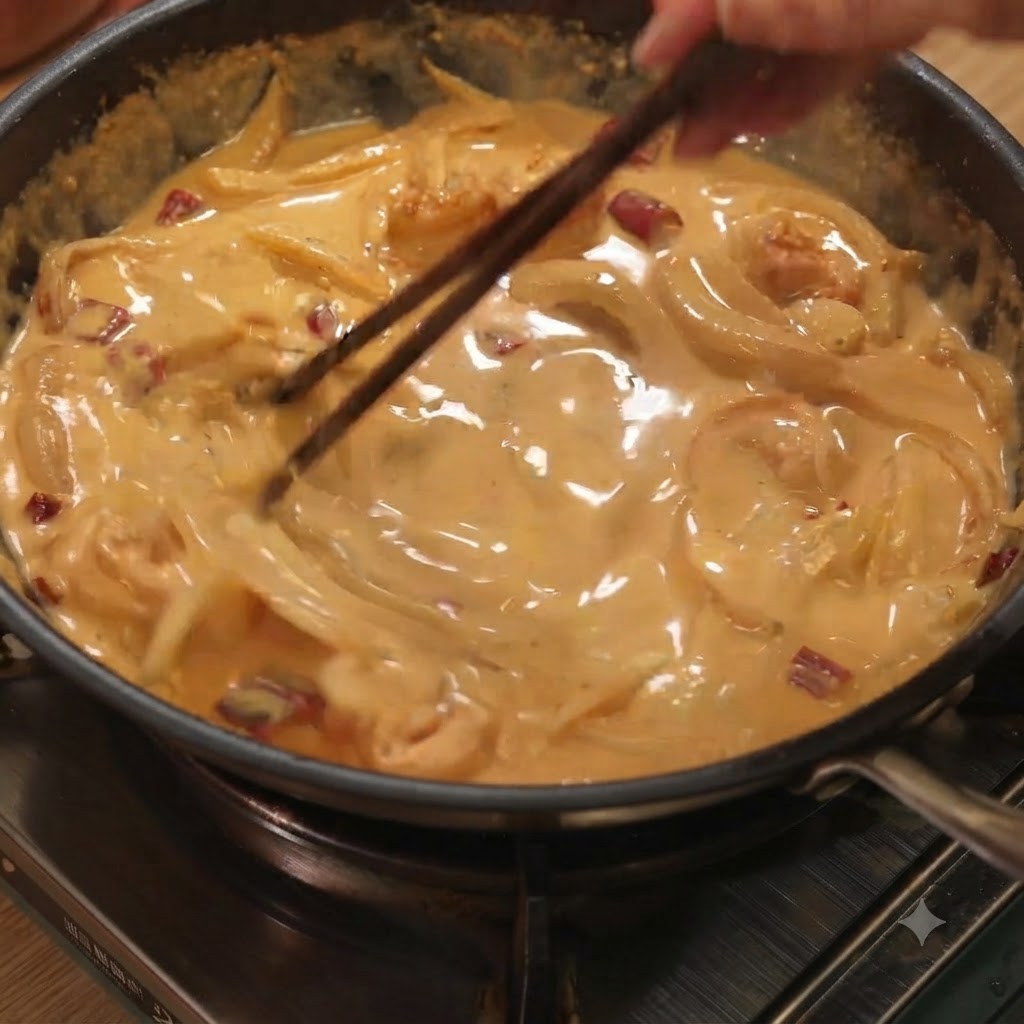 箸を使って、茹でたスパゲッティをクリーミーなソースに絡めて混ぜ合わせている様子