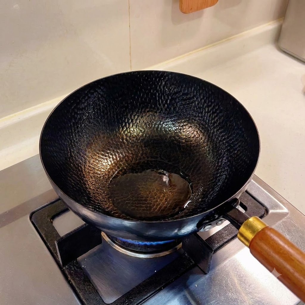 コンロの青い炎にかけられた黒い中華鍋の中で熱せられた油が揺らいでいる様子。