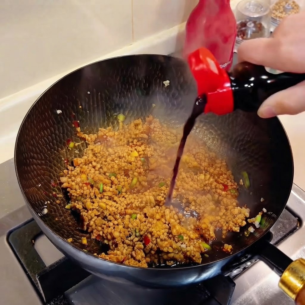 調味されたひき肉のジューシーな中華鍋にボトルから濃口醤油が注がれている様子。
