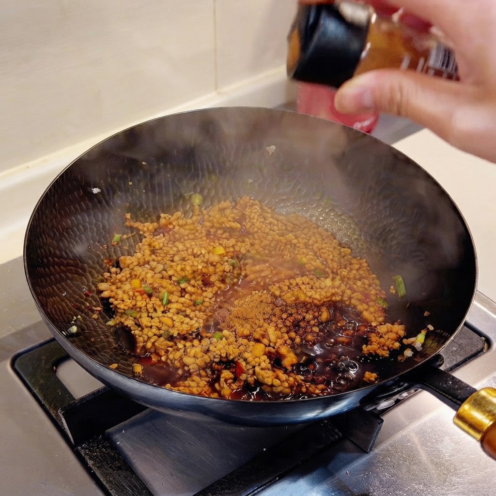 黒い中華鍋の中で湯気を立てながら調味された肉味噌が炒められている様子。
