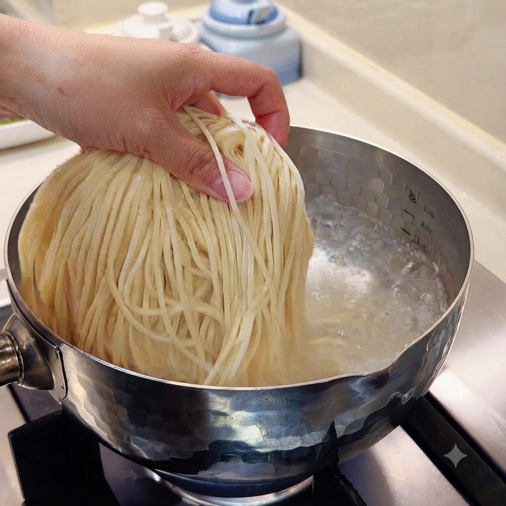沸騰して泡立つお湯の鍋に生麺が入れられている様子。