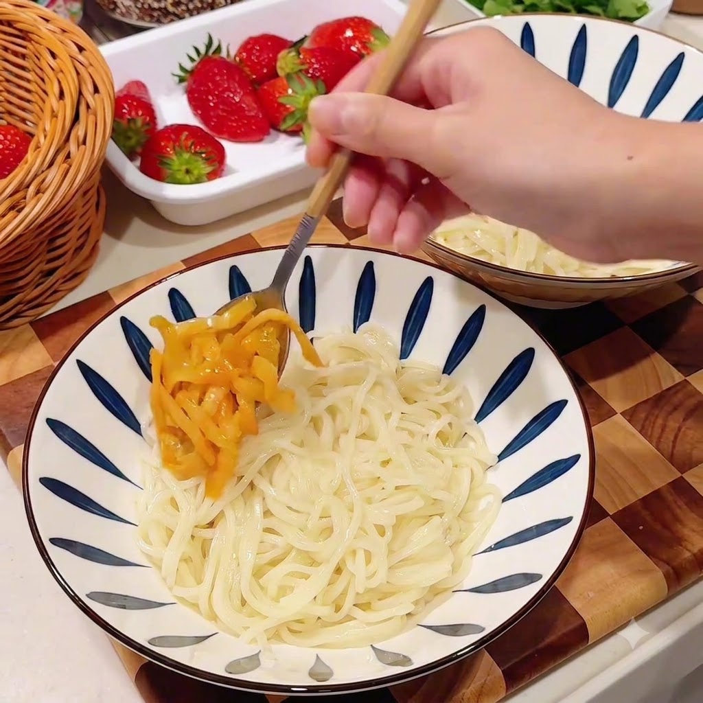 茹でられた白い麺の上に黄色のザーサイがスプーンですくってトッピングされている様子。