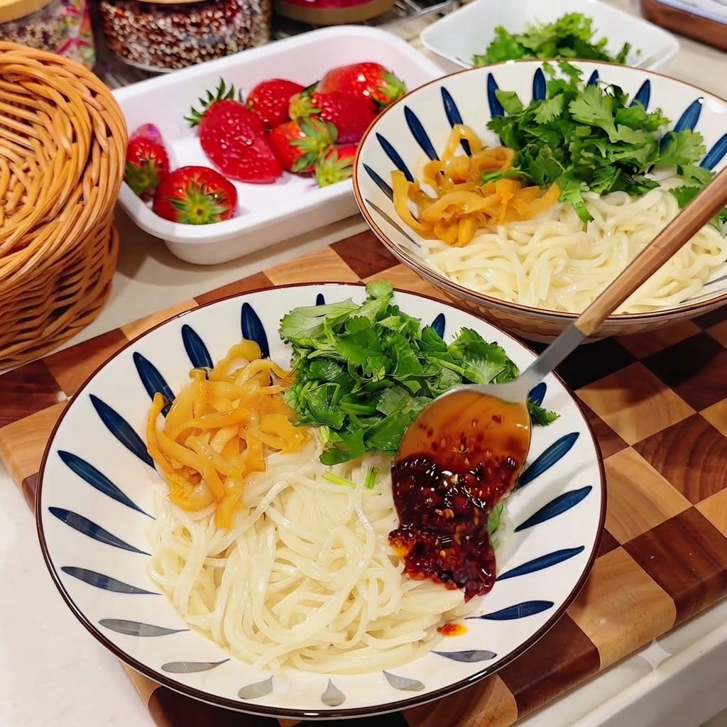 麺、ザーサイ、刻みパクチーの入った器に赤いラー油がスプーンで加えられている様子。
